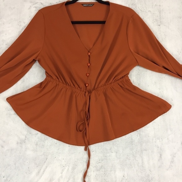 Shein Blouse Top Sz Large Elastic Waist Balloon Sleeves Flare Hem Burnt Orange - Picture 5 of 12